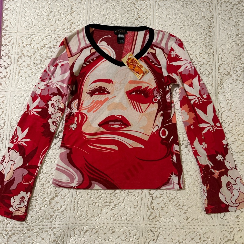 NWT Deadstock Hayes Vintage Y2K Rare Red Graphic Long-Sleeve V-Neck Top M